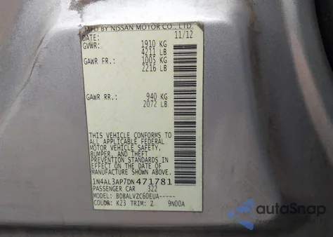 2013 Nissan Altima 2.5 Sl from USA, damaged, VIN 1N4AL3AP7DN471781